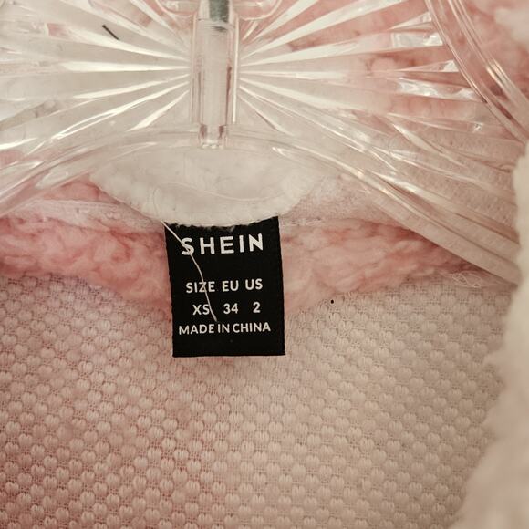 Shein XSmall 2 Sherpa Pink White Plaid Lambs Wool Cropped Jacket Cozy Cottage - Picture 5 of 10
